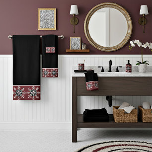 Zwart en rood medaillon badhanddoekenset bad handdoek