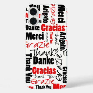 Zwart en rood meertalige dank je typografie iPhone 16 plus hoesje
