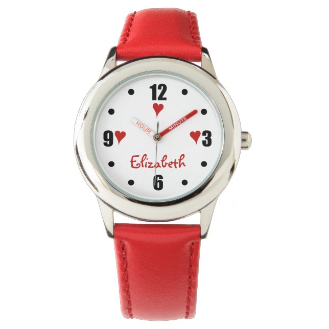 Zwart en rood met harten en naam horloge (Voorkant)