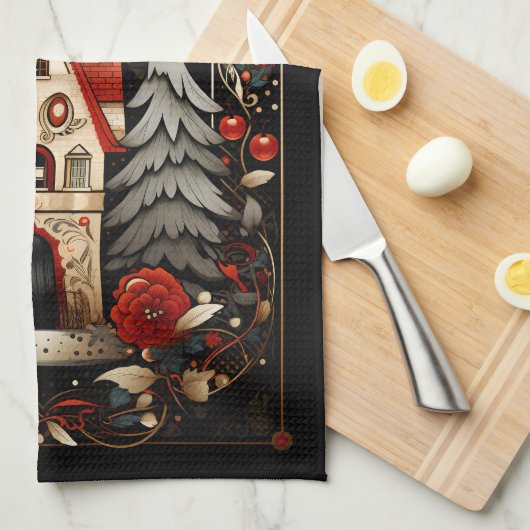 Zwart en Rood Moderne Abstracte Kerst Design Theedoek (Quarter Fold)
