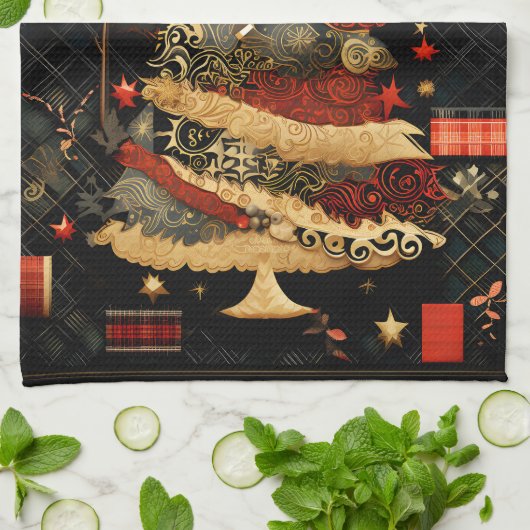 Zwart en Rood Moderne Abstracte Kerstboom Theedoek (Gevouwen)