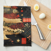 Zwart en Rood Moderne Abstracte Kerstboom Theedoek (Quarter Fold)
