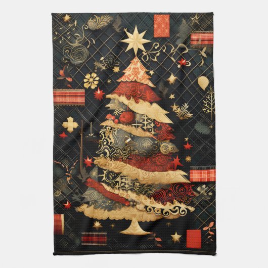Zwart en Rood Moderne Abstracte Kerstboom Theedoek (Verticaal)