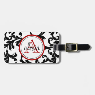 Zwart en rood, monogrammed, Damask Print Bagagelabel