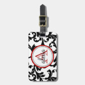 Zwart en rood, monogrammed, Damask Print Bagagelabel (Voorkant verticaal)