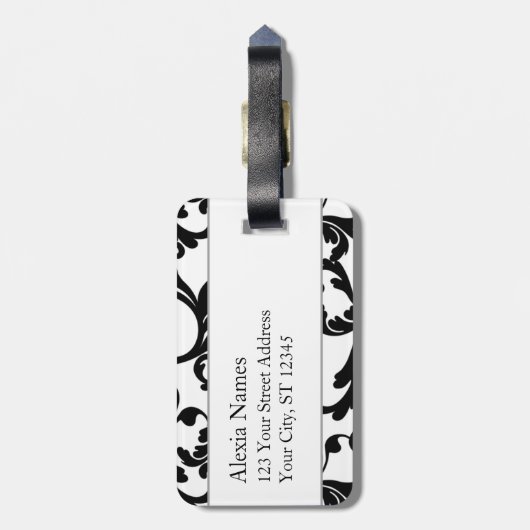 Zwart en rood, monogrammed, Damask Print Bagagelabel (Achterkant verticaal)