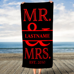 Zwart en rood Mr. Mevr. gepersonaliseerd Strandlaken