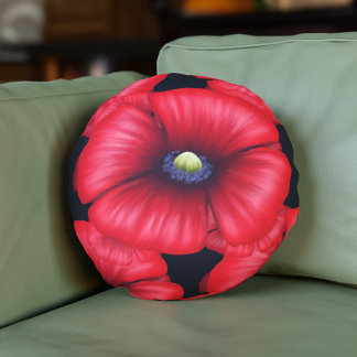 Zwart en Rood Poppy Patroon Rond Kussen