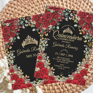 Zwart en rood Quinceañera gouden vlinders rozen Kaart