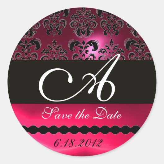 ZWART EN ROOD ROZE FUCHSIA RUBY DAMASK MONOGRAM, RONDE STICKER (Voorkant)