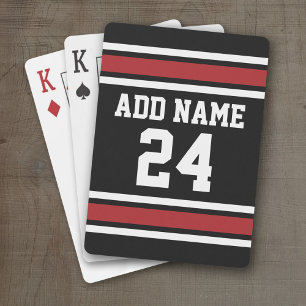 Zwart en rood sportshirt met aangepaste naam en nu pokerkaarten