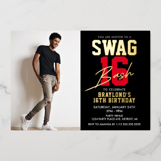 Zwart en Rood Swag 16 Verjaardag Folie Uitnodiging (Voorkant)