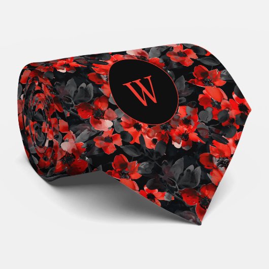 Zwart en Rood Waterverf Floral Monogram Stropdas (Opgerold)