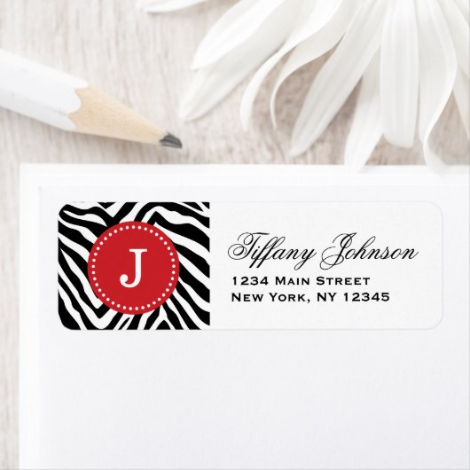 Zwart en Rood Zebra Print Custom Monogram Etiket (Insitu)