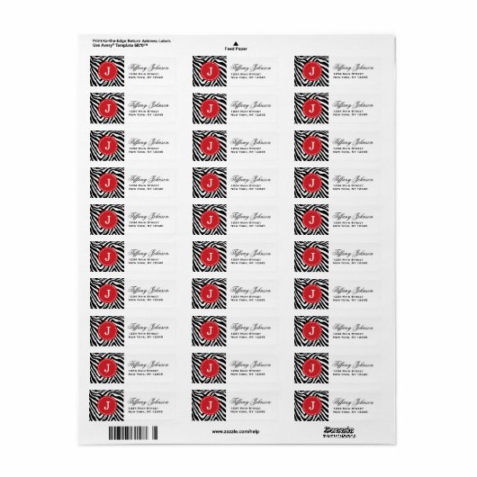 Zwart en Rood Zebra Print Custom Monogram Etiket (Full Sheet)