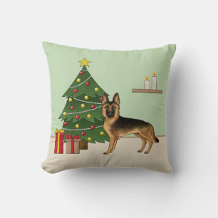 Zwart en roodbruine Duitse herder en een kerstboom Kussen