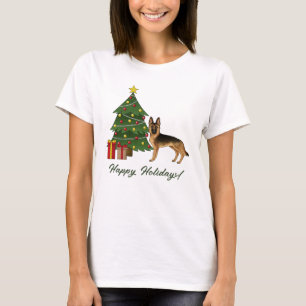 Zwart en roodbruine Duitse herder en een kerstboom T-shirt