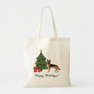 Zwart en roodbruine Duitse herder en een kerstboom Tote Bag