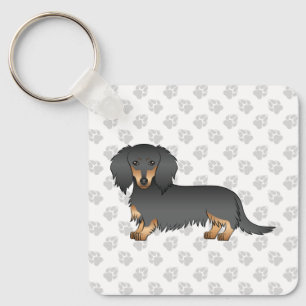 Zwart en roodbruine langharige dachshond cartoon h sleutelhanger