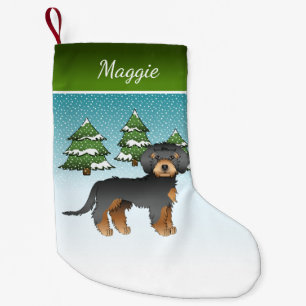 Zwart en roodbruine Mini Goldendoodle - Winterbos Kleine Kerstsok