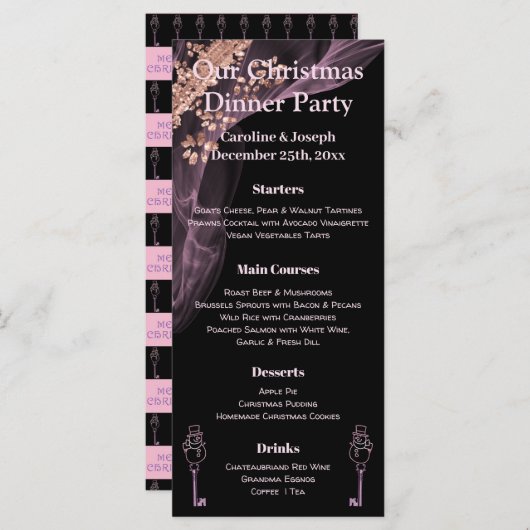Zwart en Roos Gold Kerstmenu met Snowman Menu (Voorkant / Achterkant)
