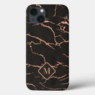 Zwart en roos gouden marmeren textuur monogram iPhone 13 hoesje