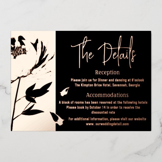 Zwart en Roos Gouden Pioen Bruiloft Details kaart (Voorkant)