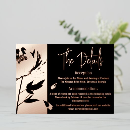 Zwart en Roos Gouden Pioen Bruiloft Details kaart (Staand Voorkant)