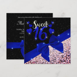 Zwart en Royal Blue Glittery Sweet 16 Uitnodigen Kaart