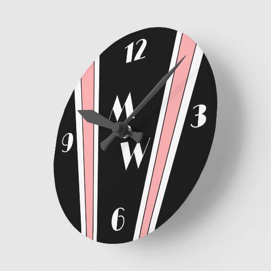 Zwart en roze Art Deco Design Monogrammed Ronde Klok (Hoek)