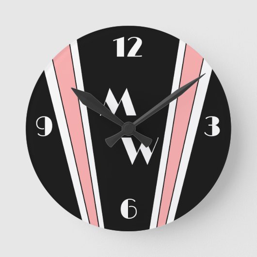 Zwart en roze Art Deco Design Monogrammed Ronde Klok (Voorkant)