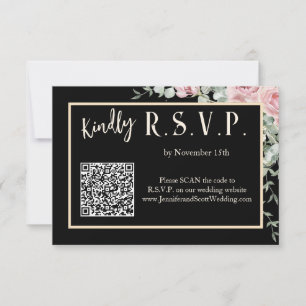 Zwart en roze bloemig boho bruiloftsinvatie RSVP Kaartje