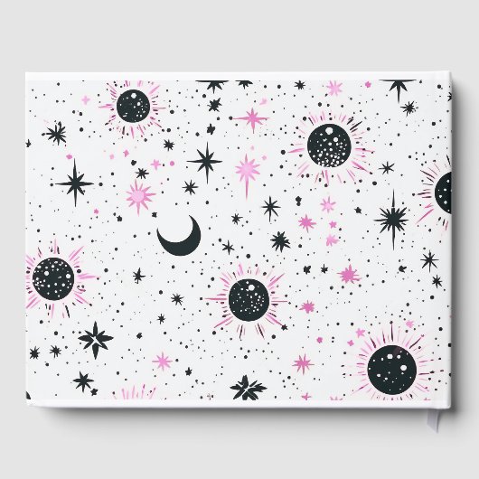 Zwart en Roze Celestial Zon Maan Sterren Bruiloft Gastenboek (Achterkant)