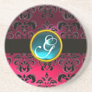ZWART EN ROZE DAMAST  Blauwe Aquamarine Monogram Zandsteen Onderzetter