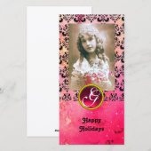 ZWART EN ROZE DAMAST Rode Robijn Monogram Feestdagenkaart (Voorkant / Achterkant)