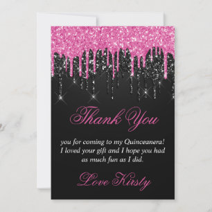 Zwart en roze druipende glitters Quinceanera Bedankkaart