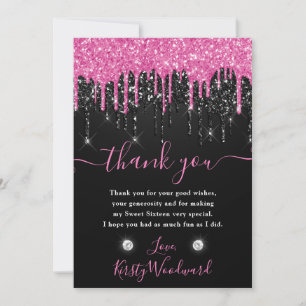 Zwart en roze druipende glitters Zoete 16 Bedankkaart