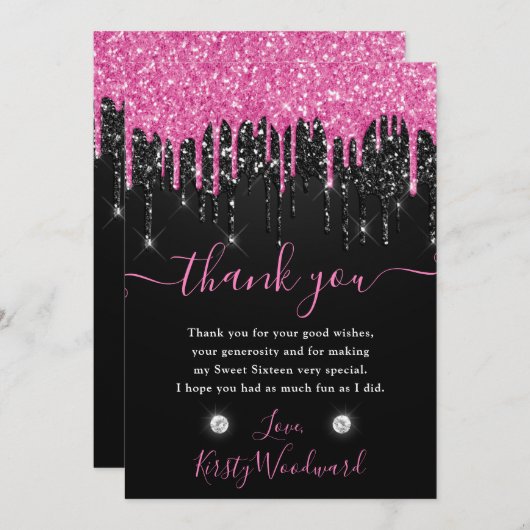 Zwart en roze druppelaar Glitter Sweet 16 Bedankkaart (Voorkant / Achterkant)
