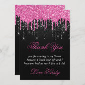 Zwart en roze druppelaar Glitter Sweet 16 Bedankkaart (Voorkant / Achterkant)