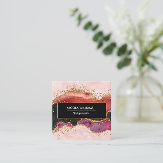 Zwart en roze glitter marmer Agate Vierkante Visitekaartje (Staand voorkant)