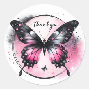 Zwart en Roze Glitter Vlinder - Dank u - Ronde Sticker