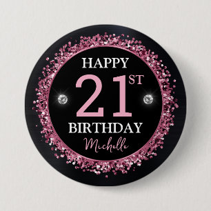 Zwart en roze glitters confetti verjaardag ronde button 7,6 cm