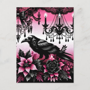 Zwart en Roze Gotische Kerstmis Raven en Bloemen Briefkaart