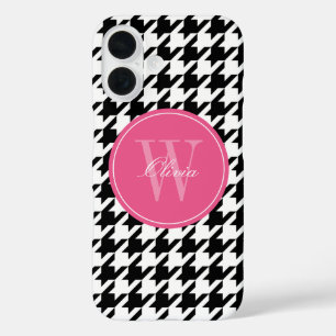 Zwart en Roze Houndstooth Patroon Monogram iPhone 16 Hoesje