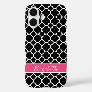 Zwart en Roze Modern Quatrefoil Monogram iPhone 16 Hoesje