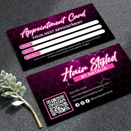 Zwart en Roze Neon Hair Salon QR Code Afsprakenkaartje