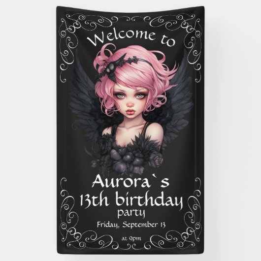 Zwart en Roze Pastel Gothic Fairy 13e Verjaardag Spandoek (Verticaal)