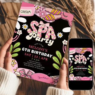 Zwart en roze retro madeliefjes spa feest verjaard kaart