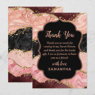 Zwart en Roze Sequins Agaat Sweet Sixteen Bedankkaart