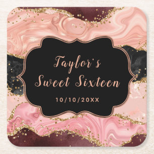 Zwart en Roze Sequins Agaat Sweet Sixteen Vierkante Kartonnen Onderzetter